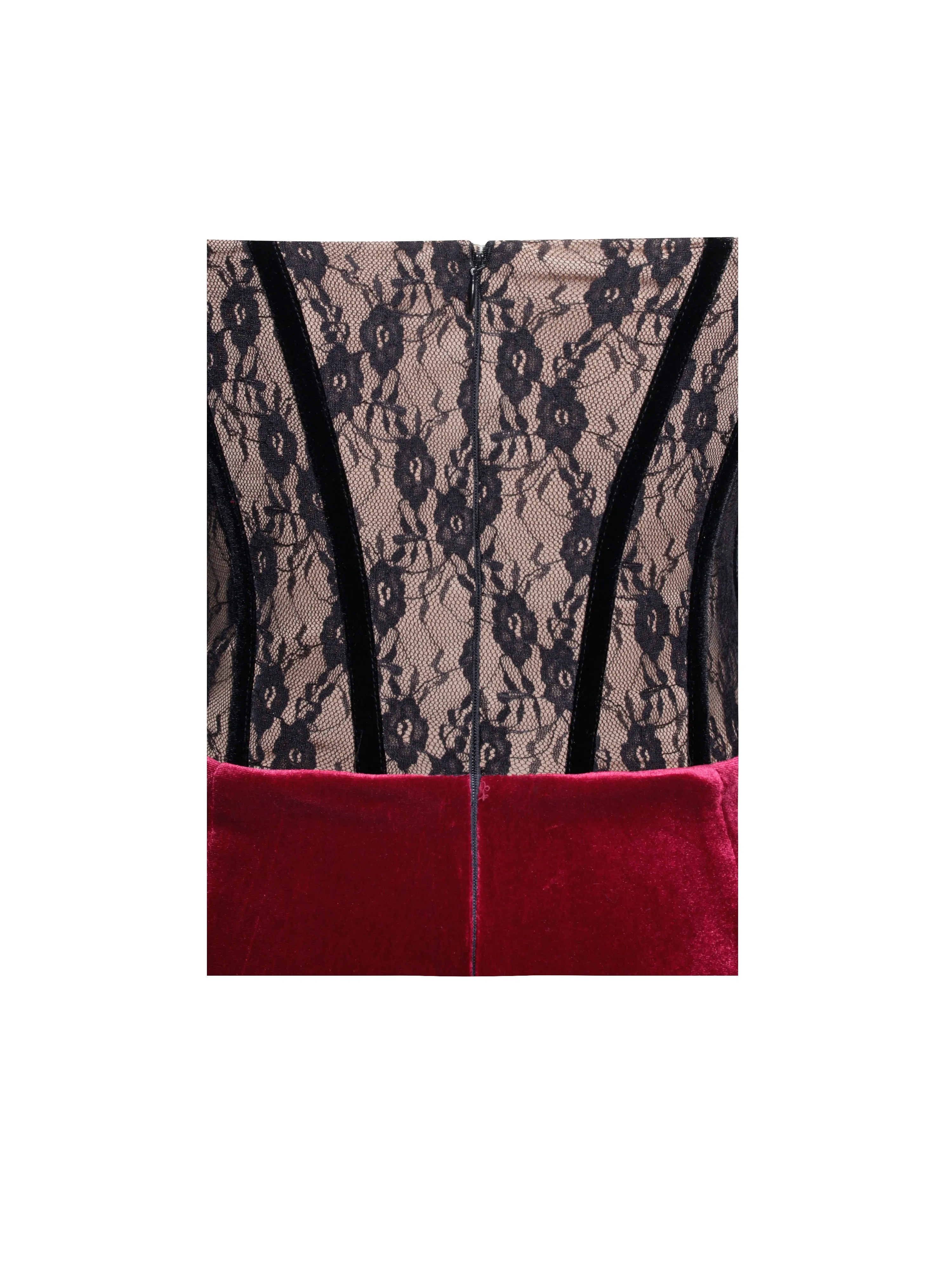 Gaia Burgundy Lace Velvet Graceful Corset Side Slit Dress
