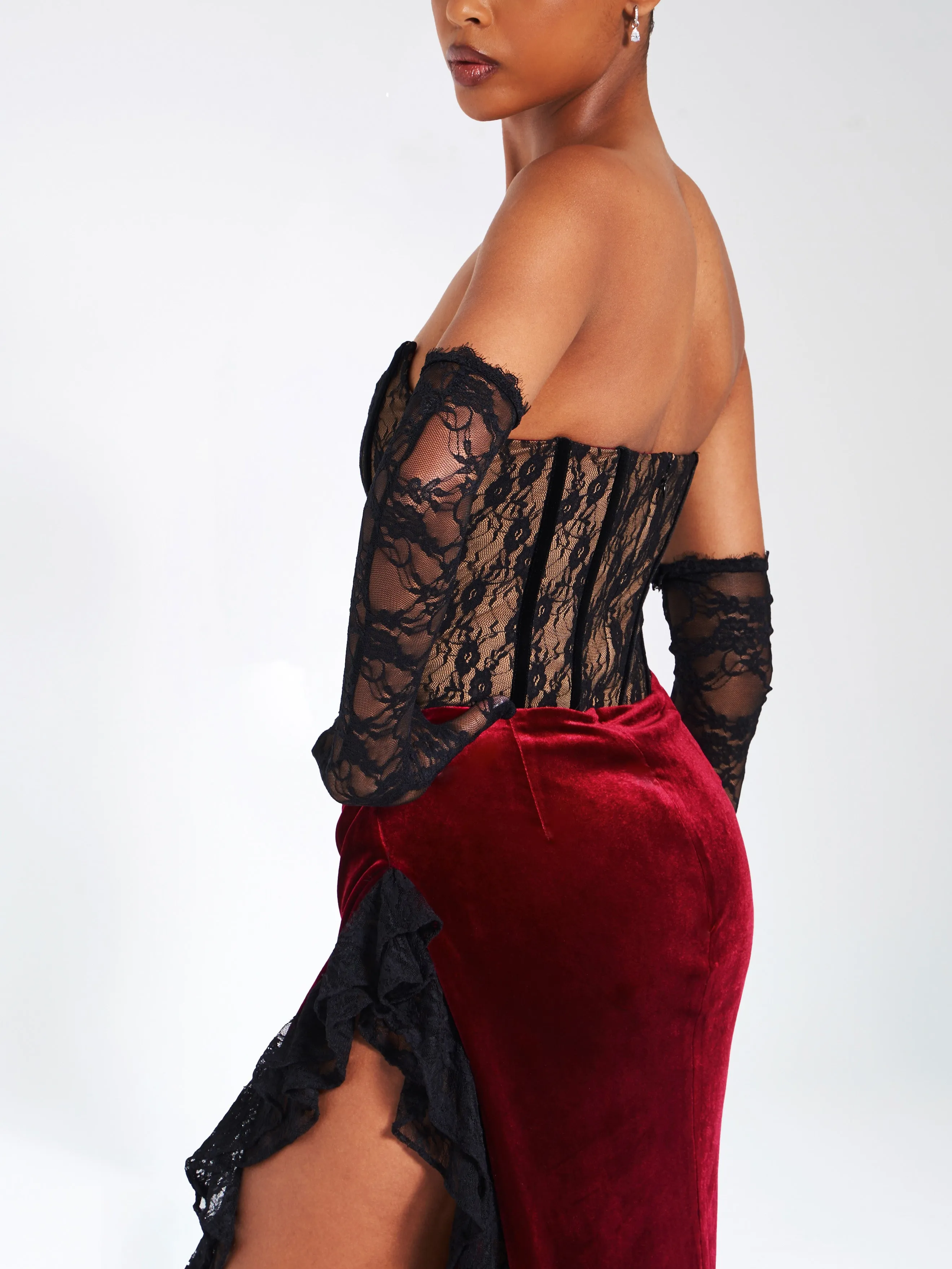 Gaia Burgundy Lace Velvet Graceful Corset Side Slit Dress