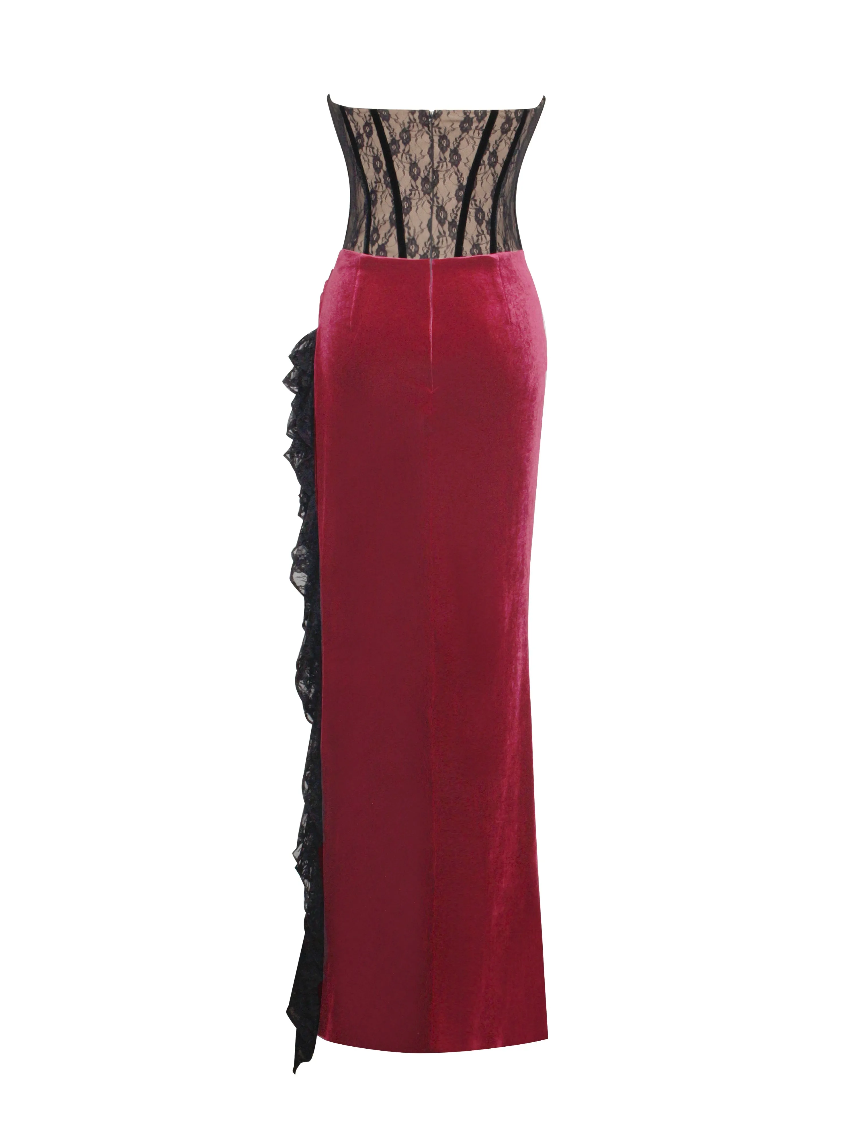 Gaia Burgundy Lace Velvet Graceful Corset Side Slit Dress