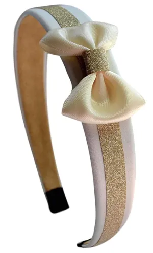 Gold & Ivory Sparkling Mini Satin Bow Girls Arch Headband