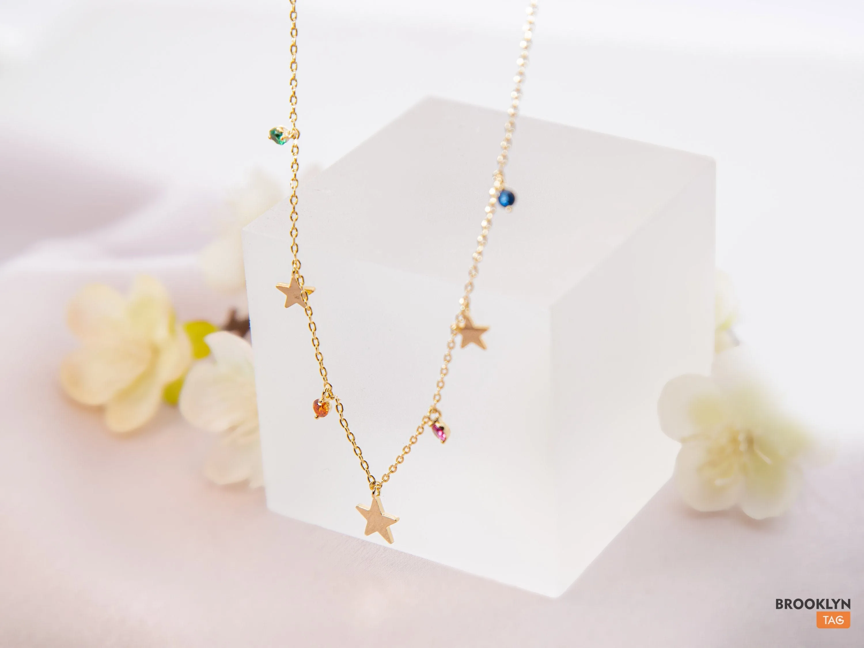 Gold Chain Necklace with Tiny stars and CZ stones