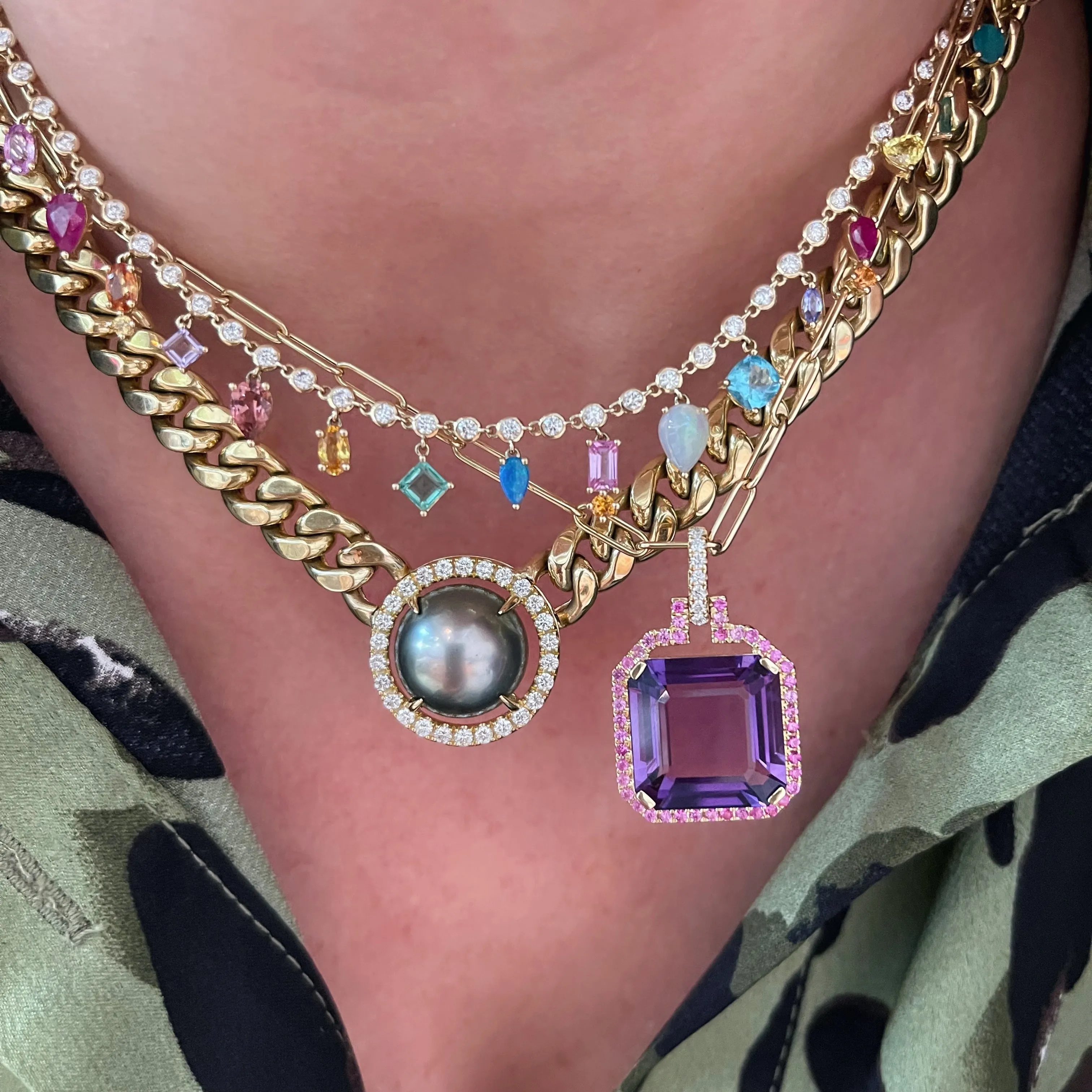 Gossip Square Flat Amethyst Pendant with Diamonds