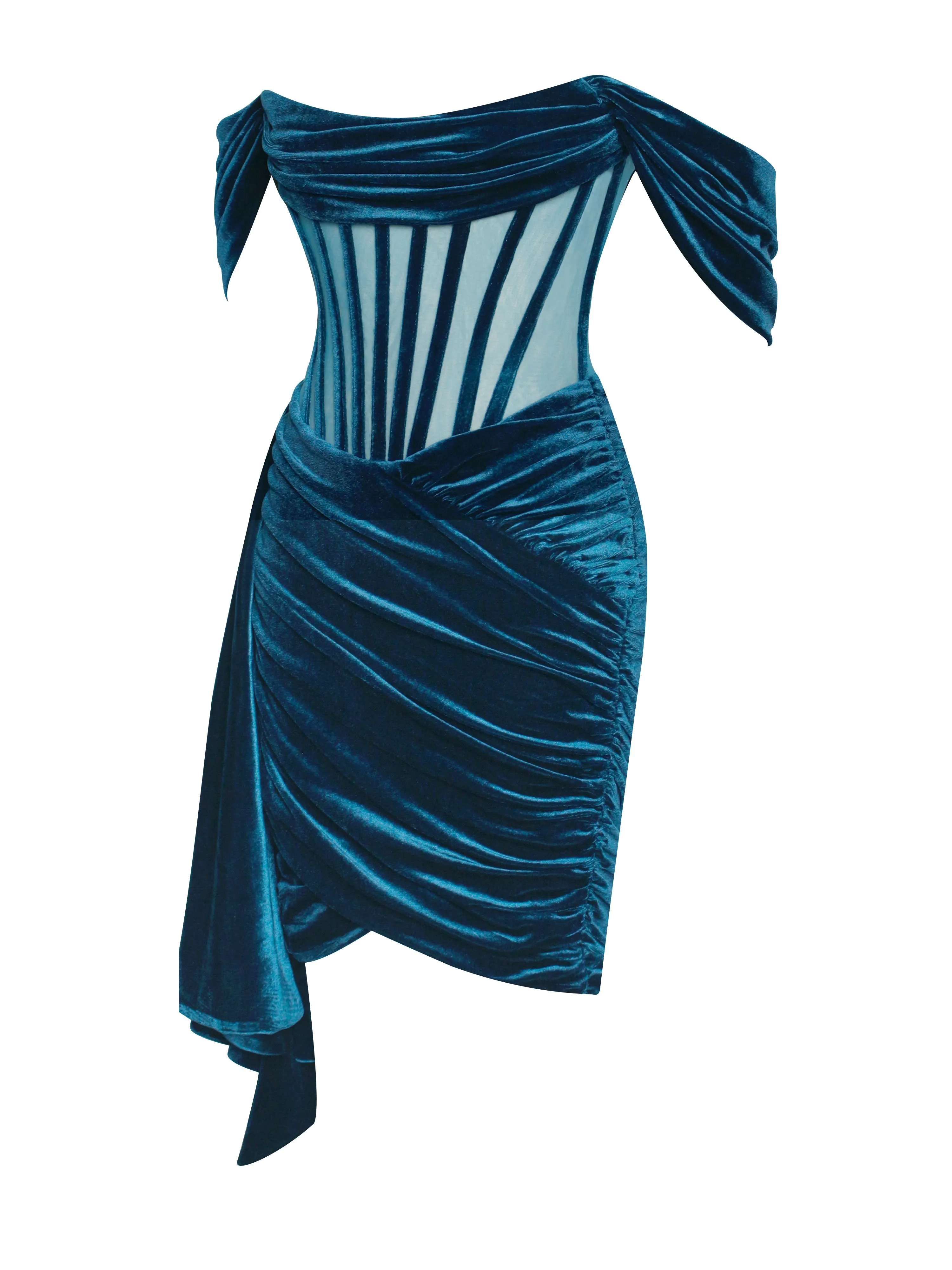 Irisa Teal Blue Draping Graceful Off Shoulder Corset Dress