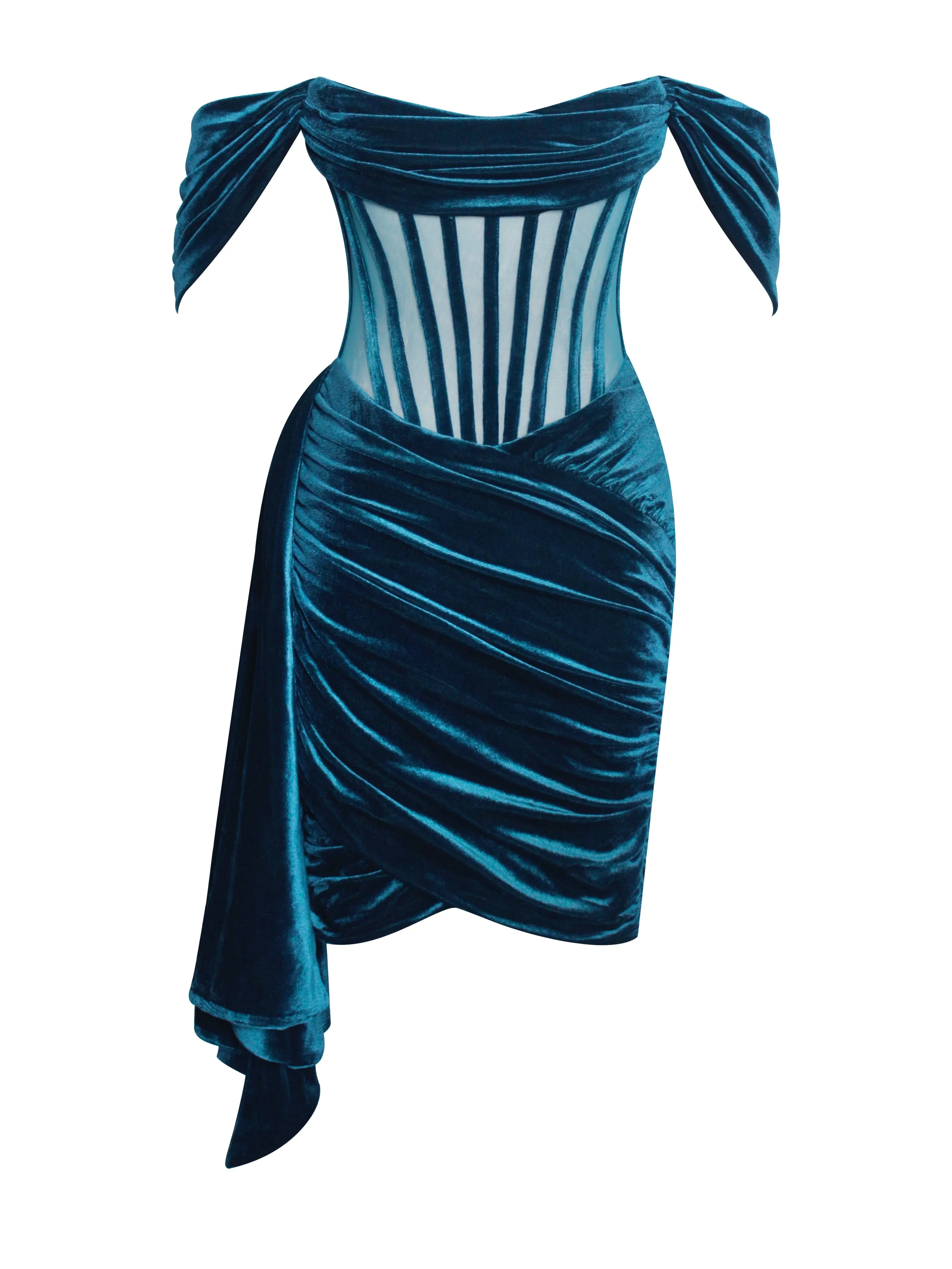 Irisa Teal Blue Draping Graceful Off Shoulder Corset Dress
