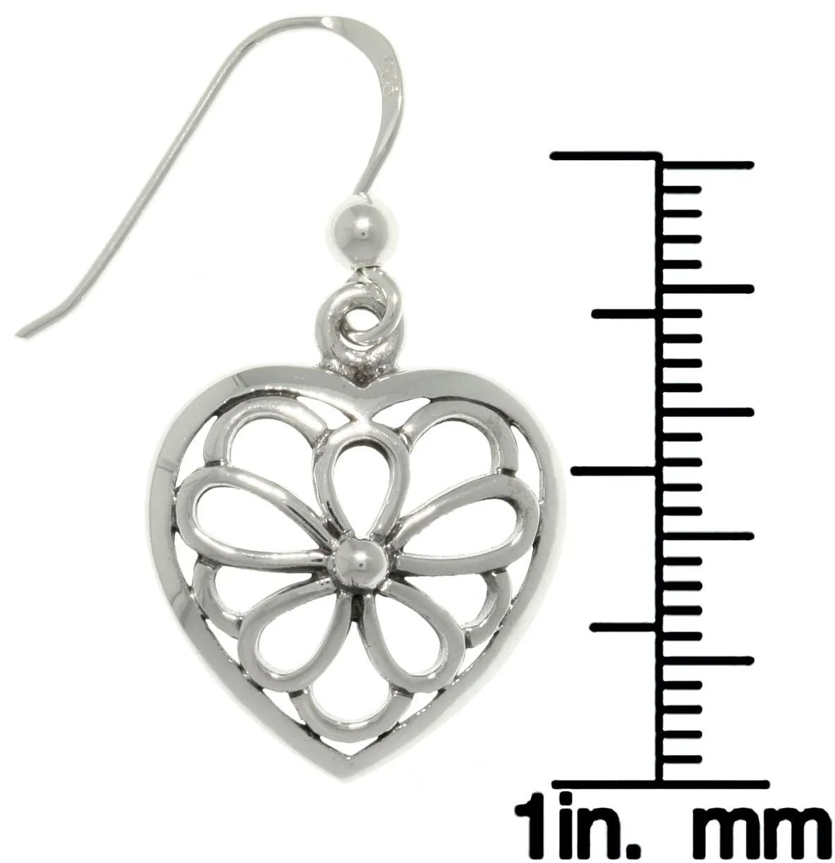 Jewelry Trends Sterling Silver Open Flower Heart Dangle Earrings