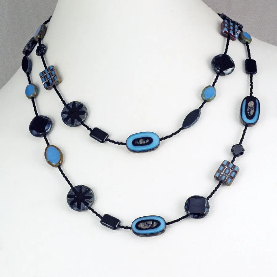 Long Black and Blue Czech Glass Bead Necklace