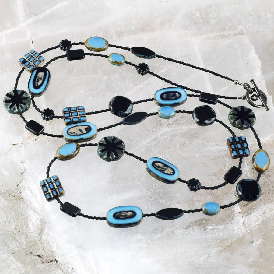 Long Black and Blue Czech Glass Bead Necklace