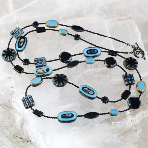 Long Black and Blue Czech Glass Bead Necklace