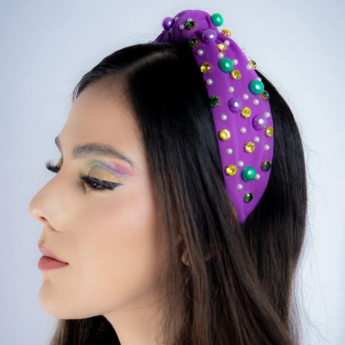 Mardi Gras Pearl Embellished Knotted Headband