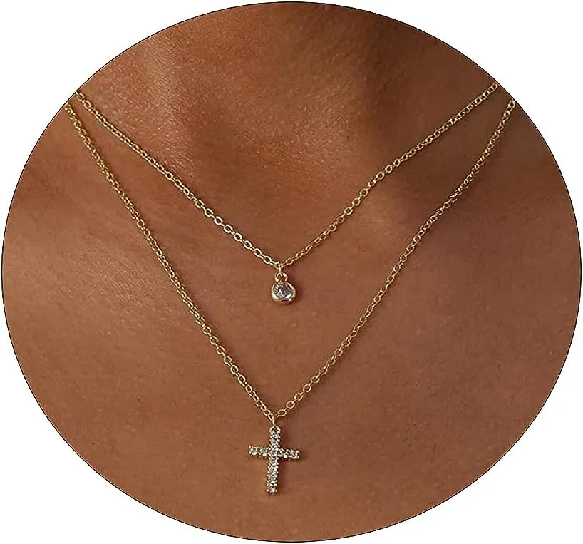 MIDEEO CZ Diamond Gold Necklace for Women Dainty Gold Layered Sliver Necklaces 14k Gold Plated Diamond Pearl Pendant Necklaces Heart CZ Cross Choker Necklaces for Women Simple Cubic Zirconia Necklace Trendy Jewelry Gifts