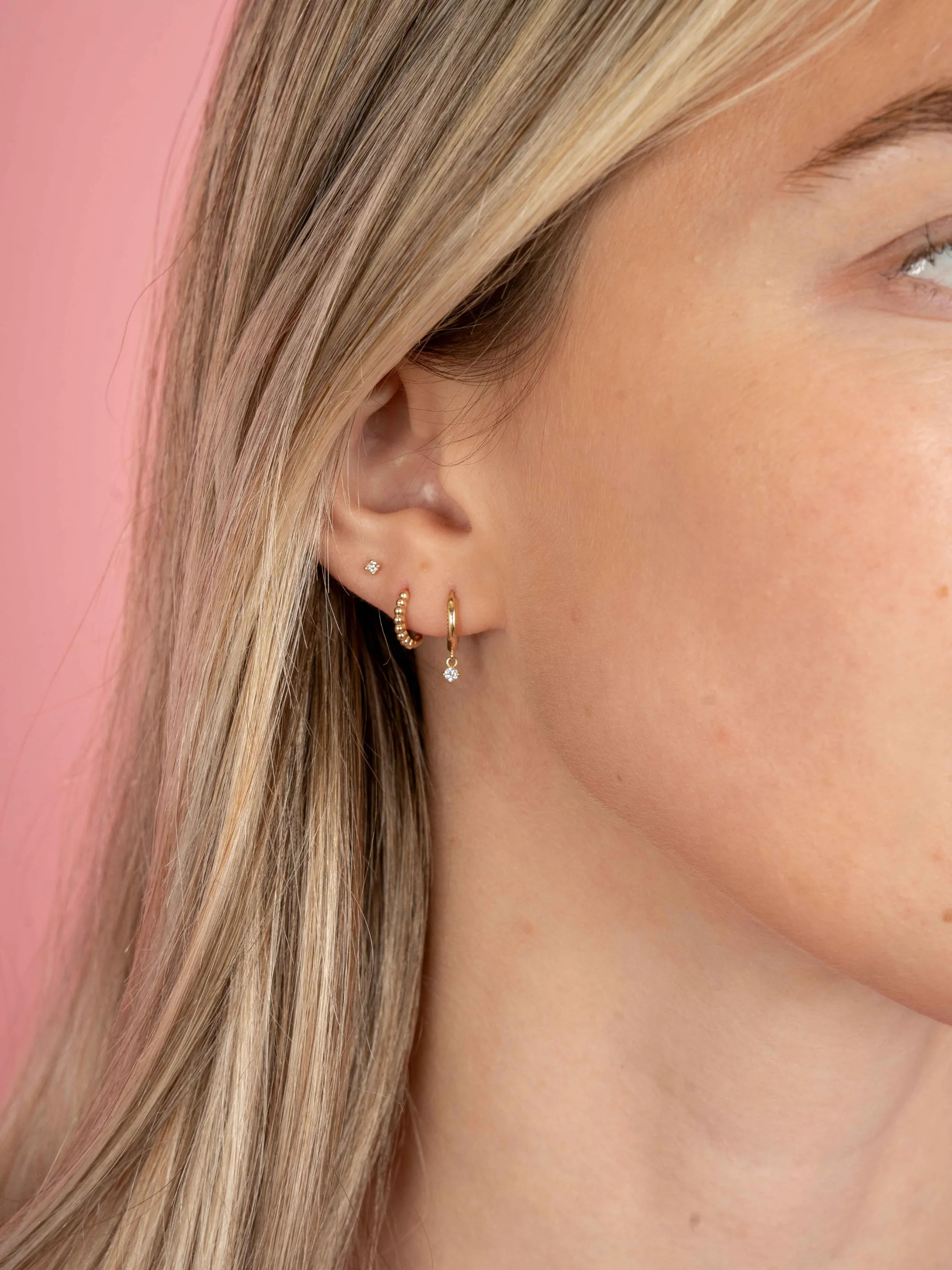 Mini Beaded Huggie Earring 14K