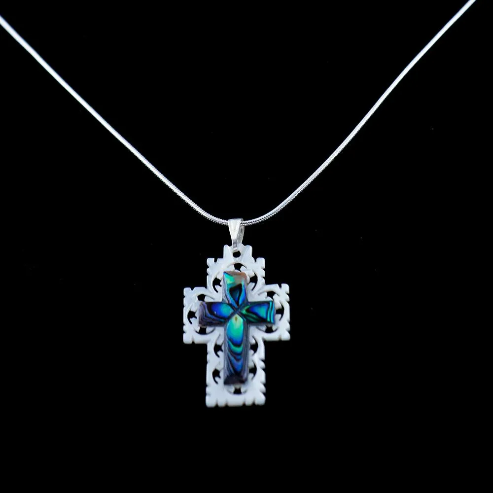 Necklace with Colorful Mother of Pearl Cross Pendant, Sterling Silver