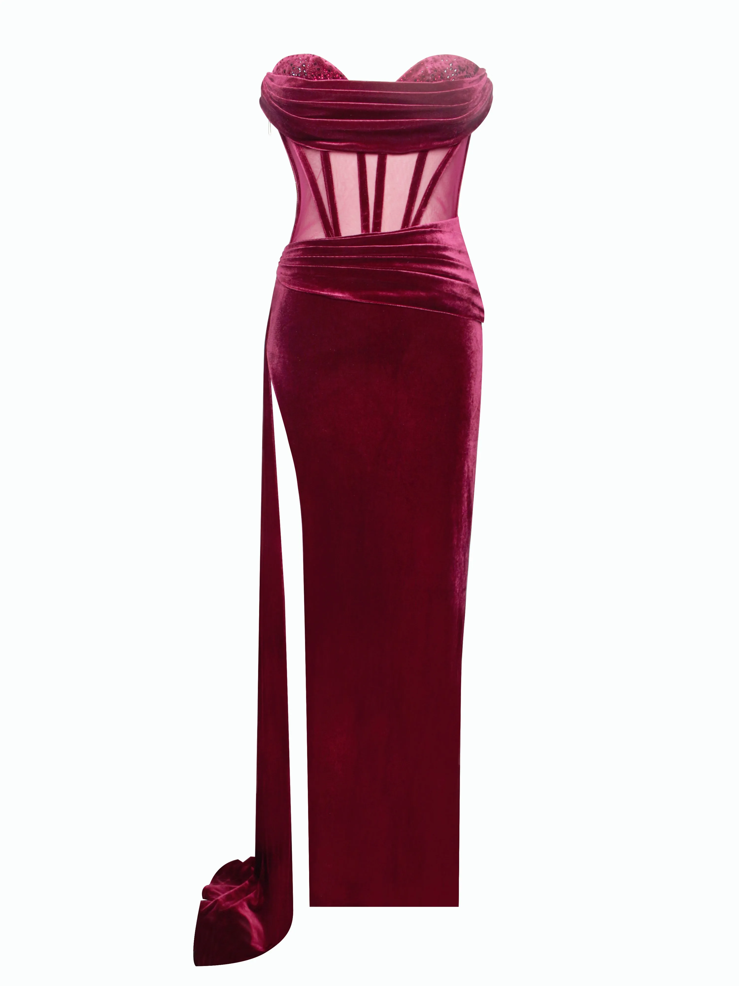 Octavia Burgundy Draping Crystal Graceful Corset High Slit Velvet Gown
