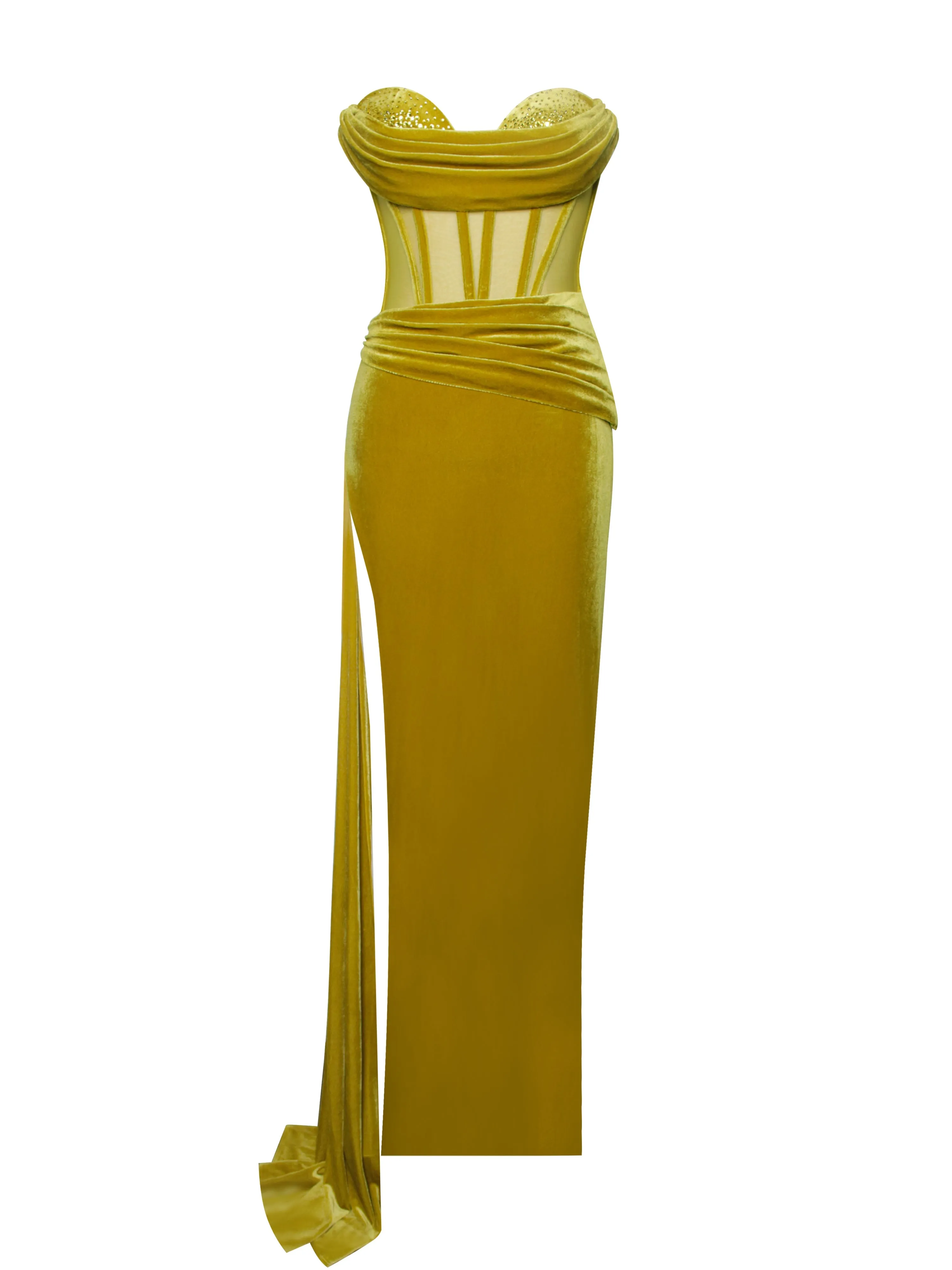 Octavia Gold Draping Crystal Graceful Corset High Slit Velvet Gown