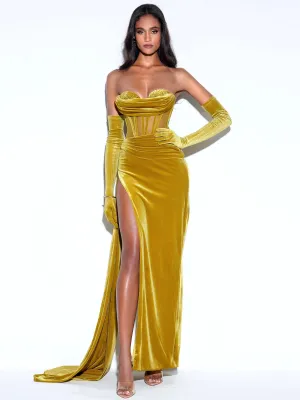 Octavia Gold Draping Crystal Graceful Corset High Slit Velvet Gown