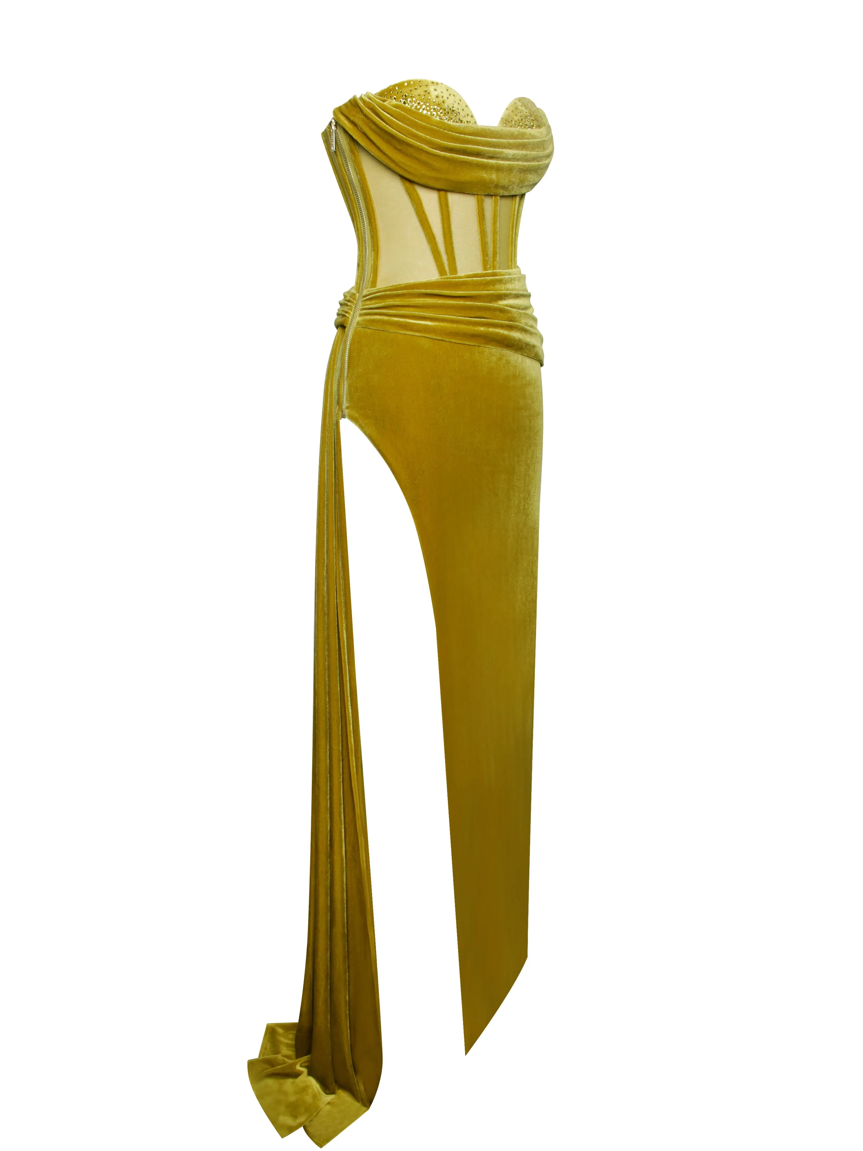 Octavia Gold Draping Crystal Graceful Corset High Slit Velvet Gown