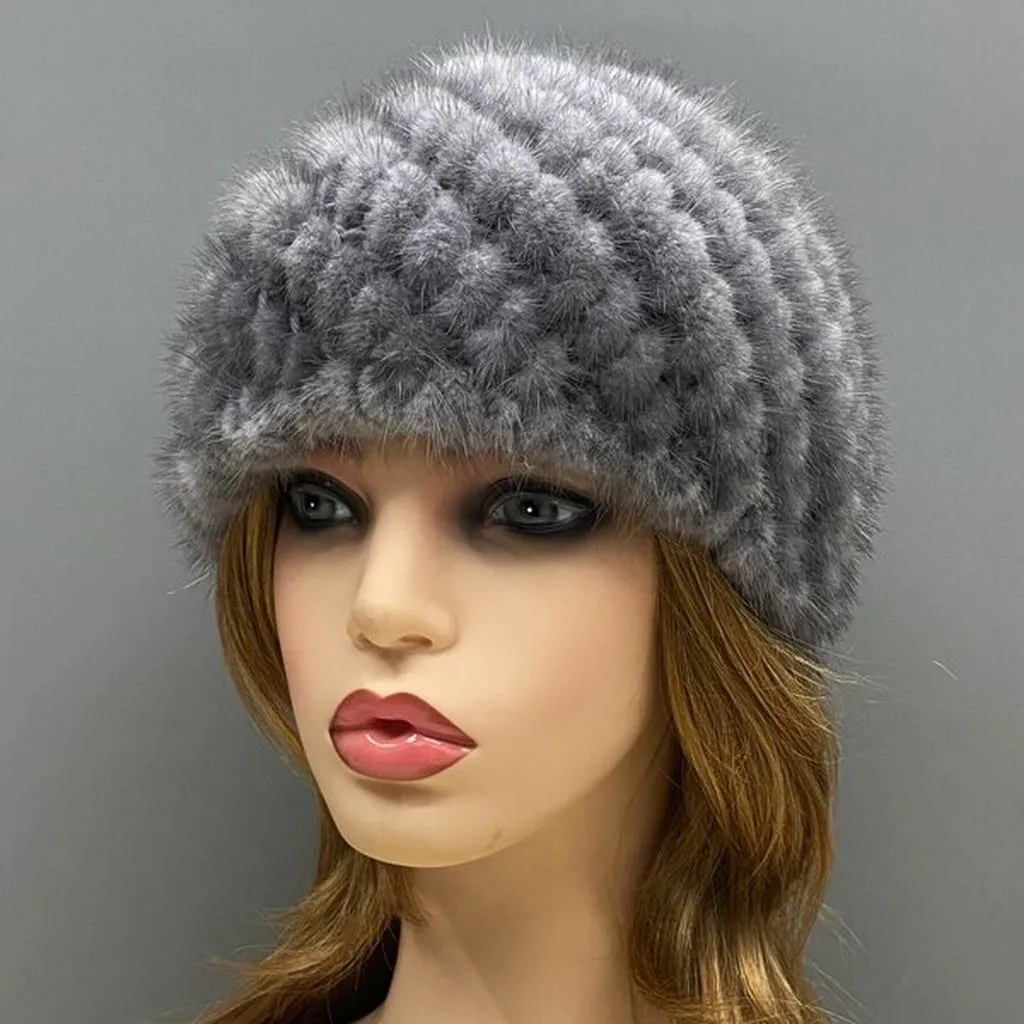 Original Winter Womens Mink Fur Hats Fur Knitted Cap Fashionable Fluffy Ladies
