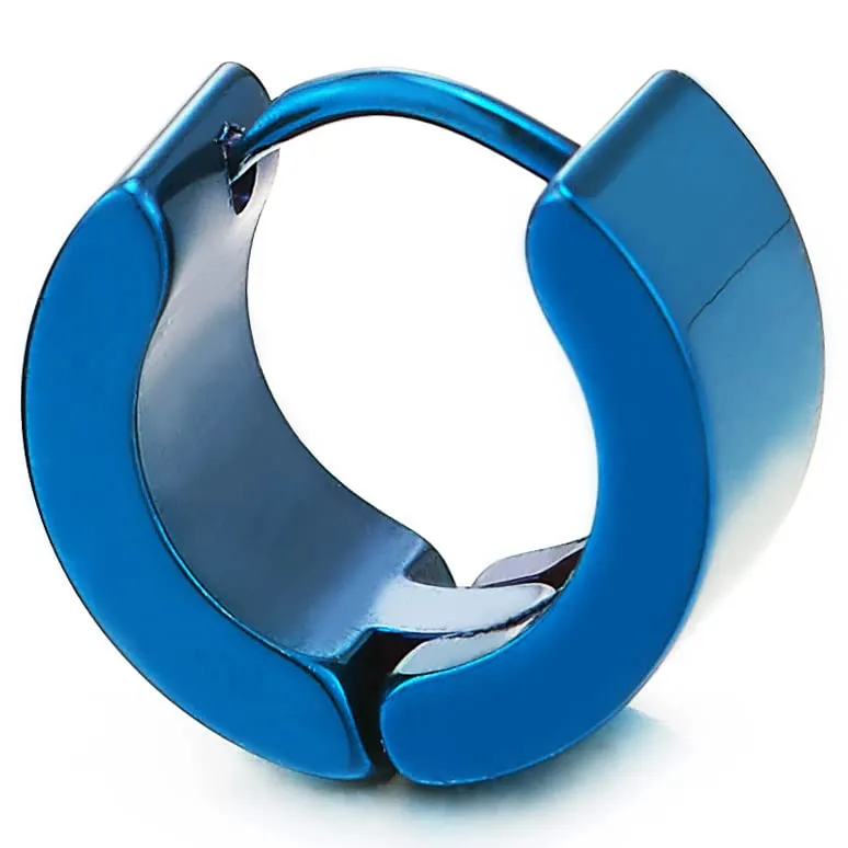 Pair of Blue Huggie Hinged Hoop Earrings Unisex Men Women