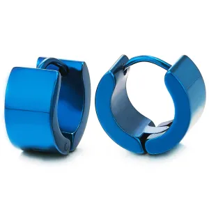 Pair of Blue Huggie Hinged Hoop Earrings Unisex Men Women