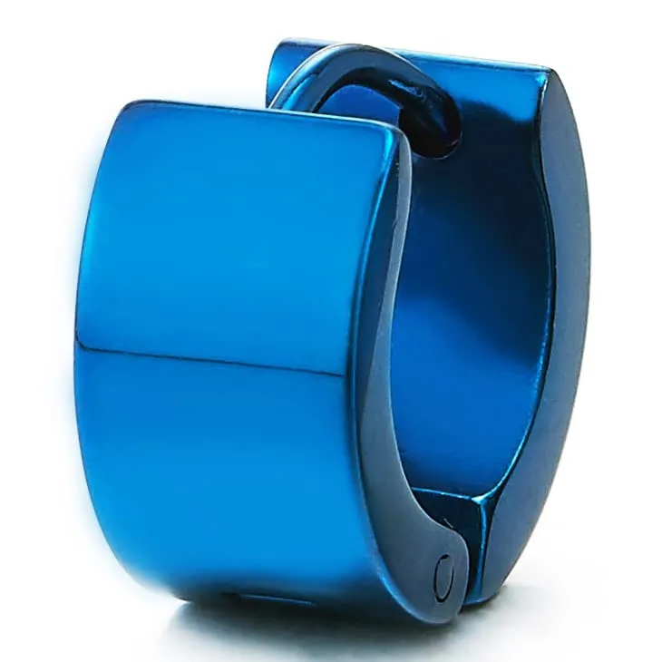 Pair of Blue Huggie Hinged Hoop Earrings Unisex Men Women