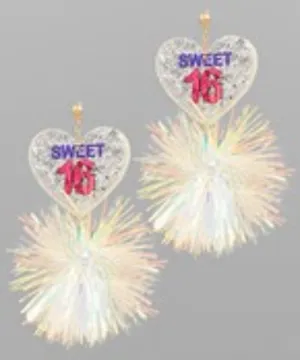 Pompom & Glitter Sweet 16 Heart Earrings