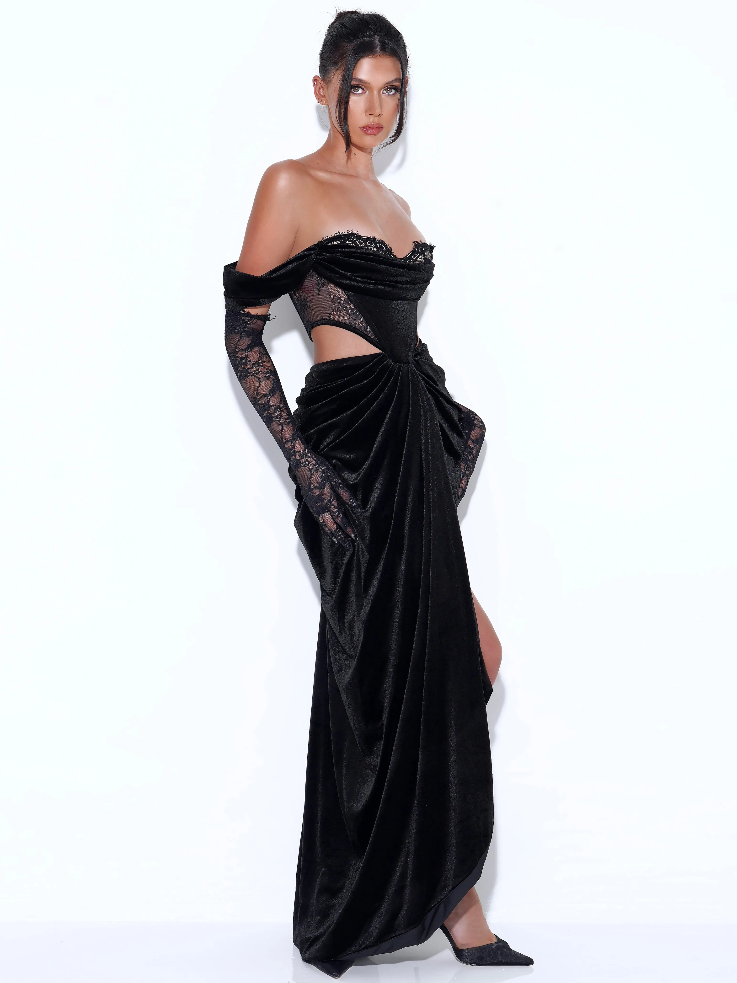 Quintessa Black Lace Velvet Graceful Corset Off Shoulder Gown