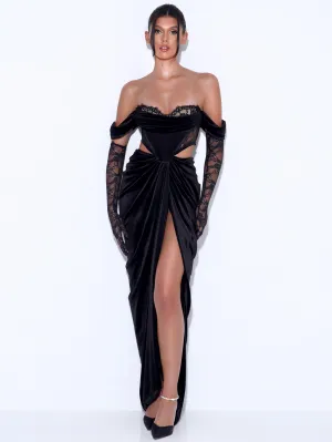 Quintessa Black Lace Velvet Graceful Corset Off Shoulder Gown