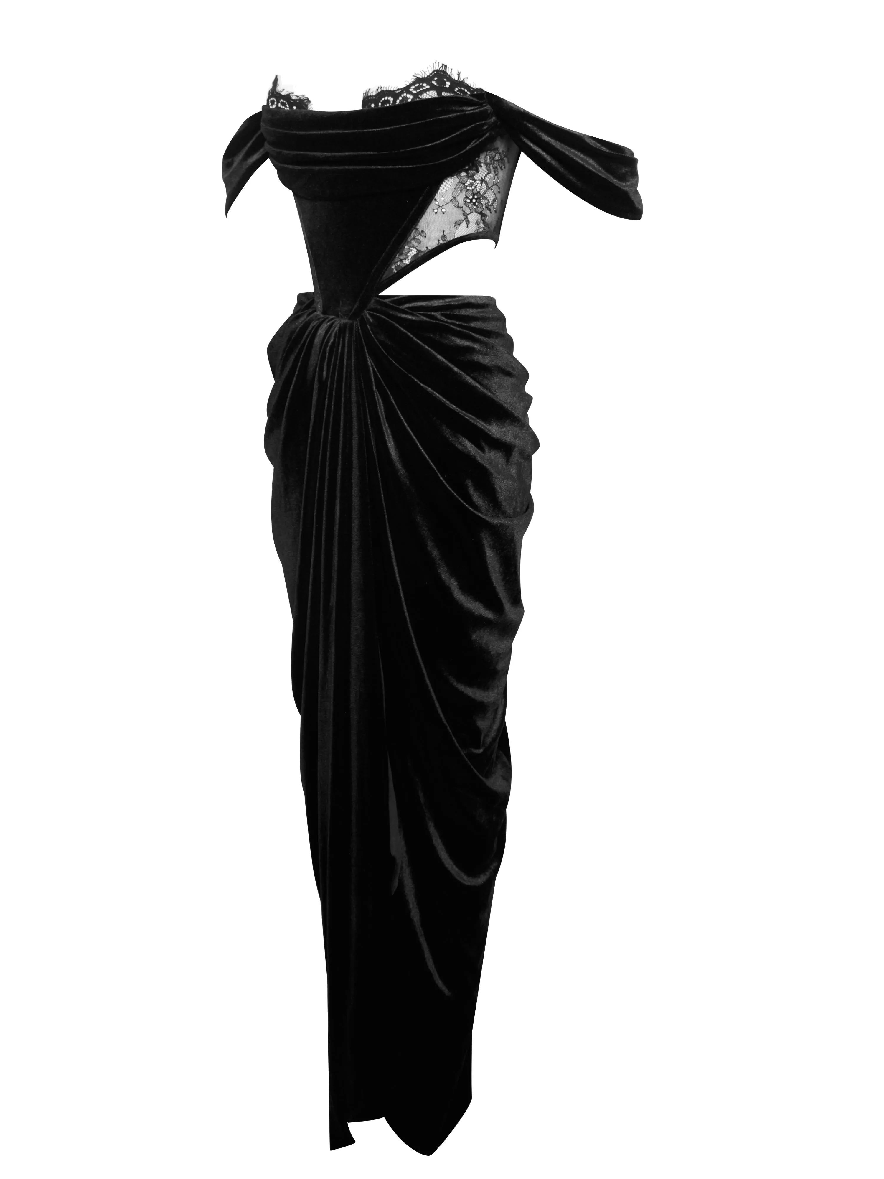 Quintessa Black Lace Velvet Graceful Corset Off Shoulder Gown