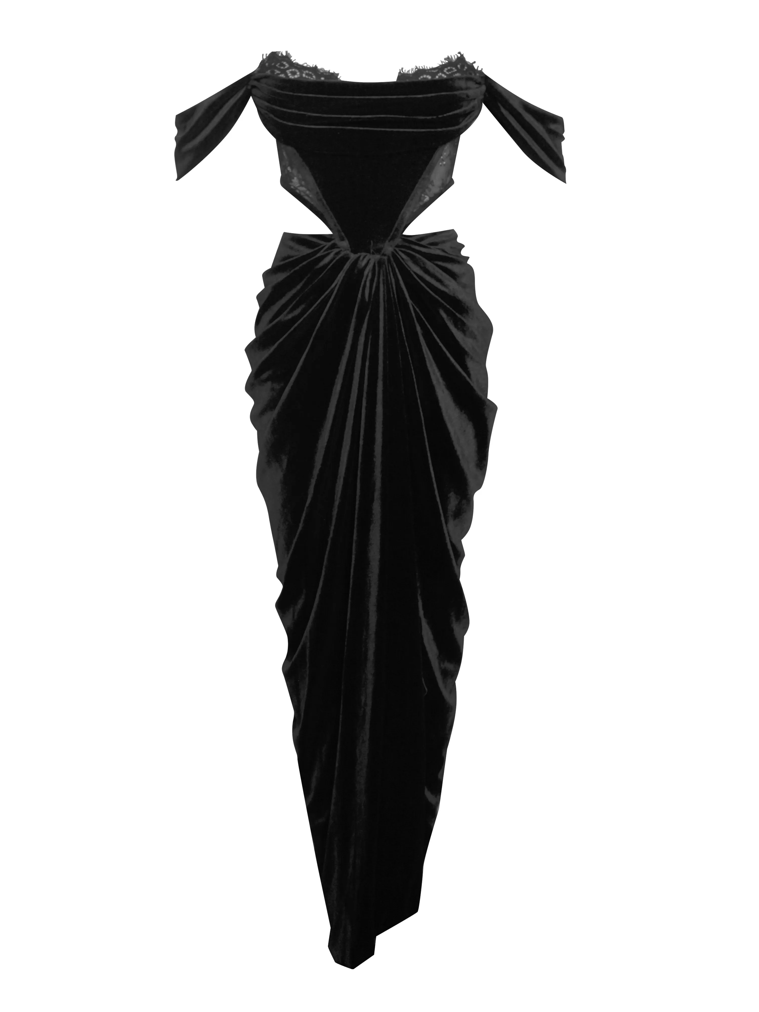 Quintessa Black Lace Velvet Graceful Corset Off Shoulder Gown