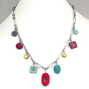 Red and Turquoise Czech Glass and Antique Copper Necklace