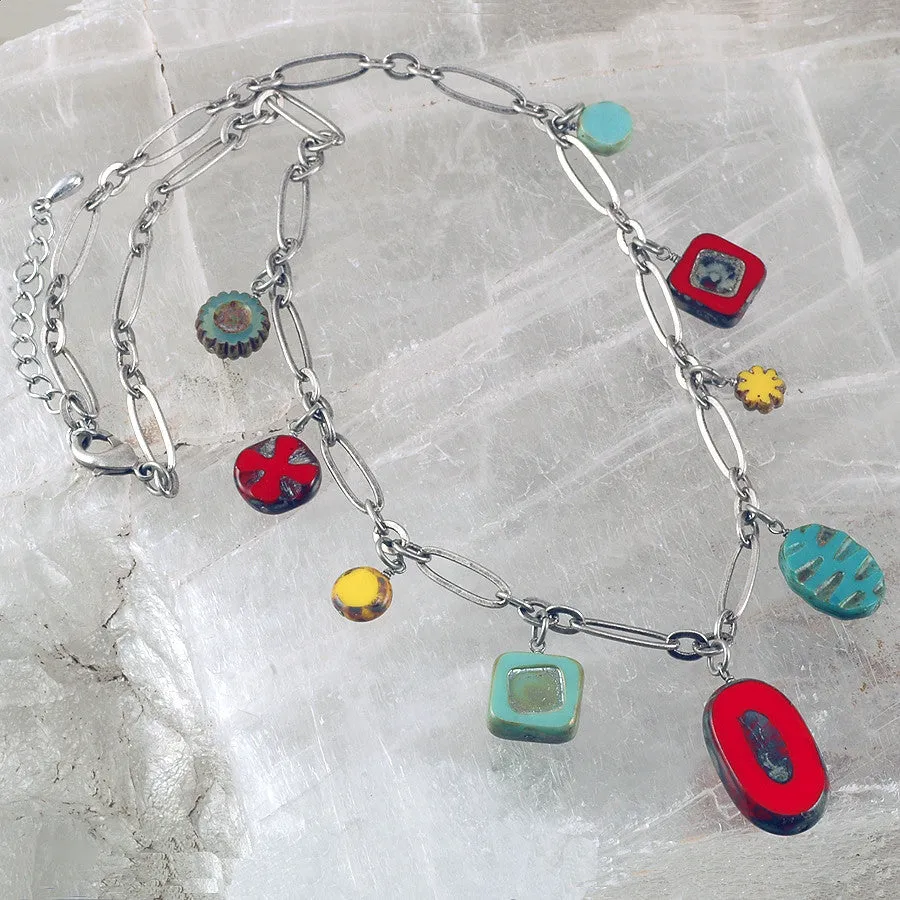 Red and Turquoise Czech Glass and Antique Copper Necklace