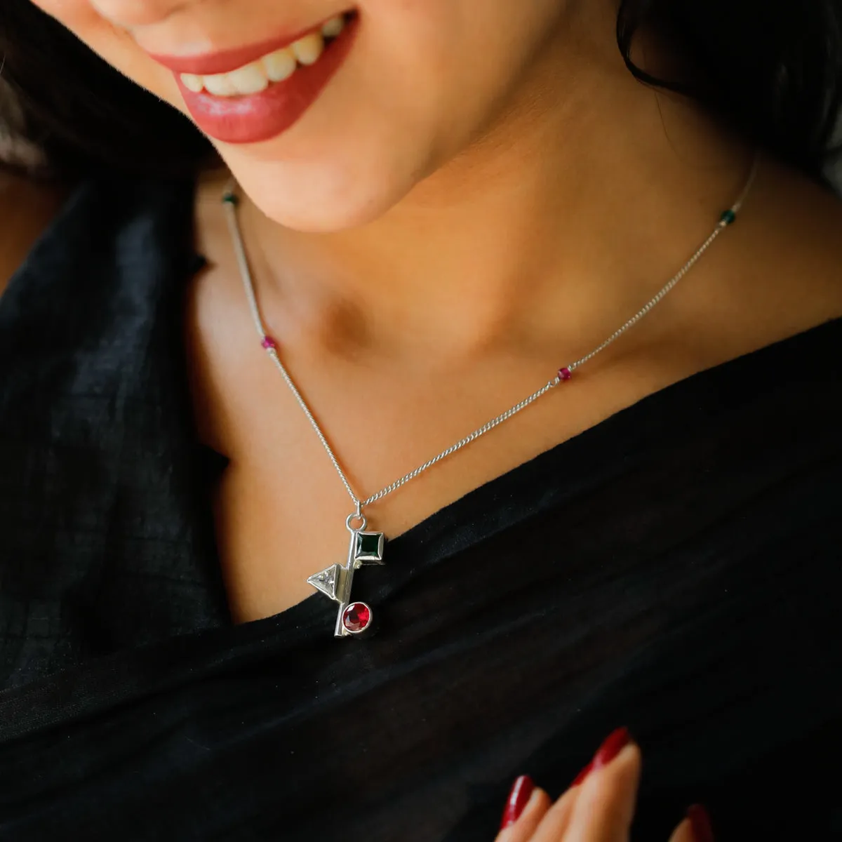 Silver Geometric CZ Stones Necklace