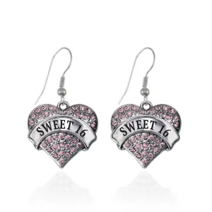 Silver Pink Sweet 16 Pink Pave Heart Charm Dangle Earrings