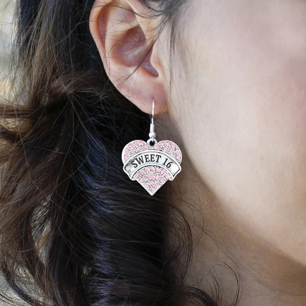 Silver Pink Sweet 16 Pink Pave Heart Charm Dangle Earrings