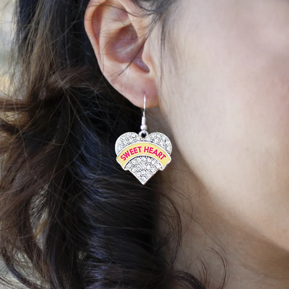 Silver Sweet Heart Yellow Candy Pave Heart Charm Dangle Earrings