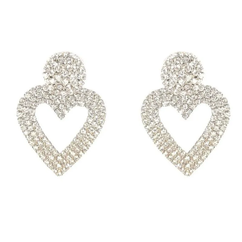 Sparkly Plated Crystal Embellished Heart Shape Drop Earrings - Silver