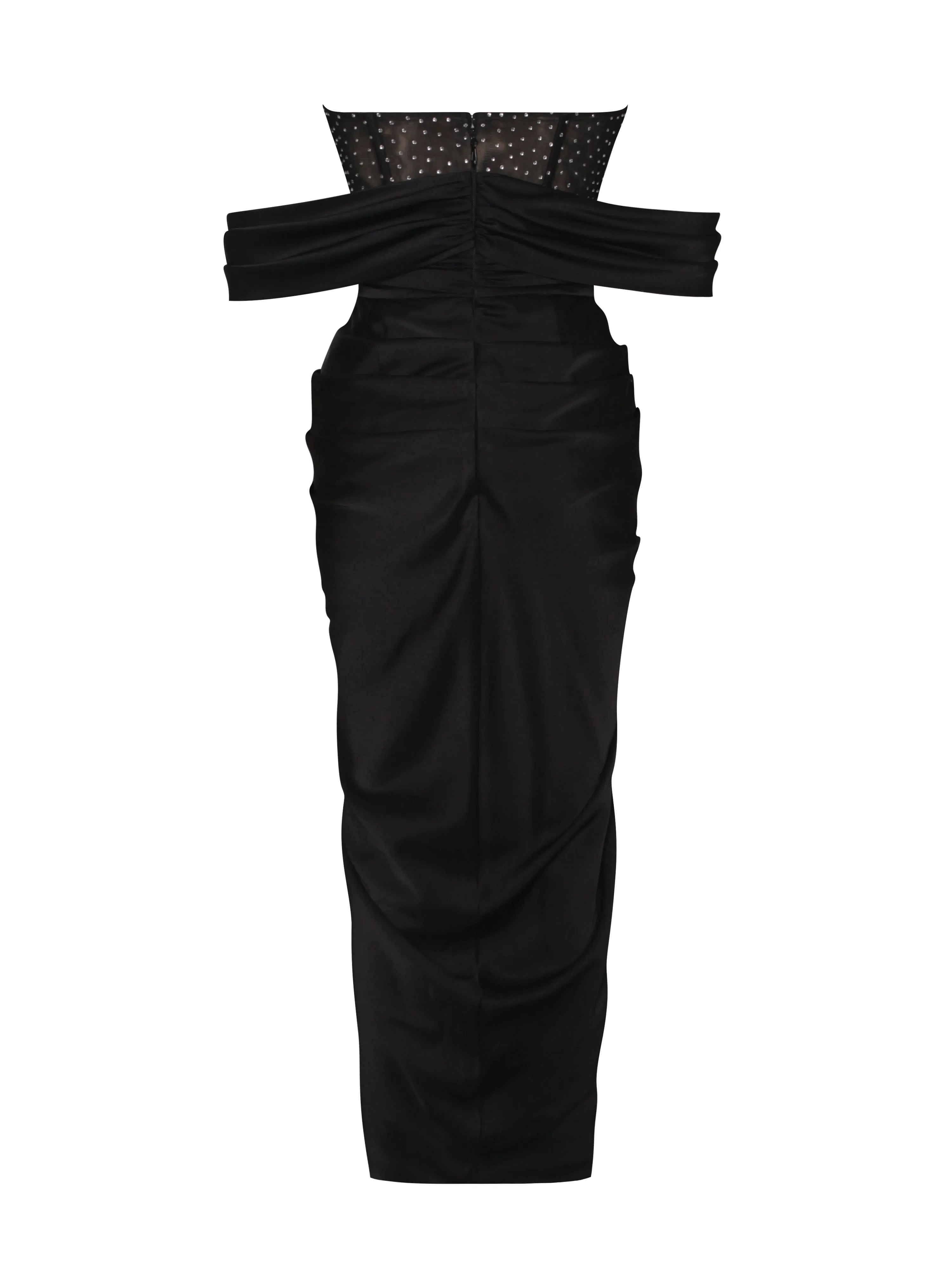 Stella Black Off Shoulder Graceful Crystal Corset Satin Gown
