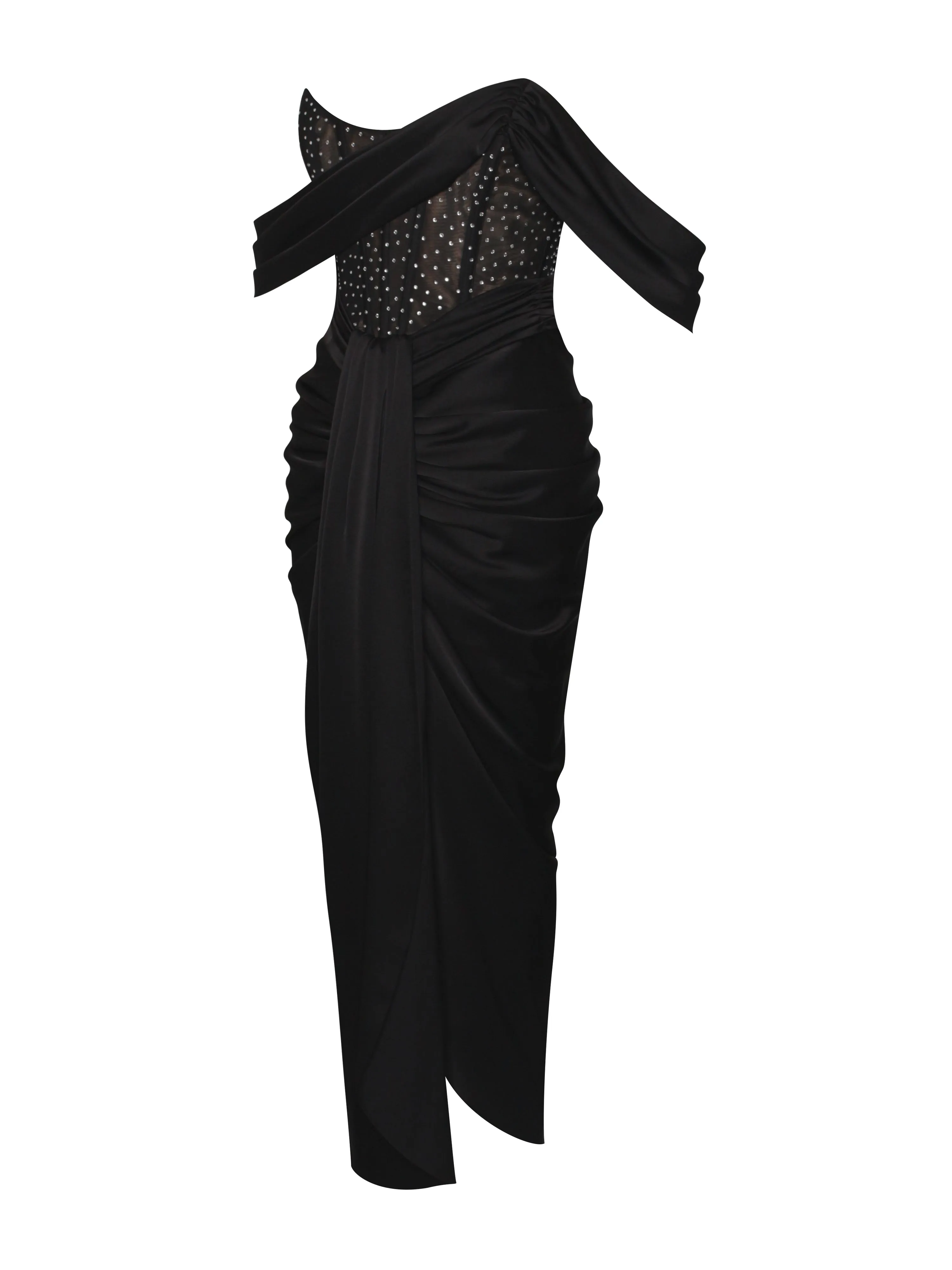 Stella Black Off Shoulder Graceful Crystal Corset Satin Gown