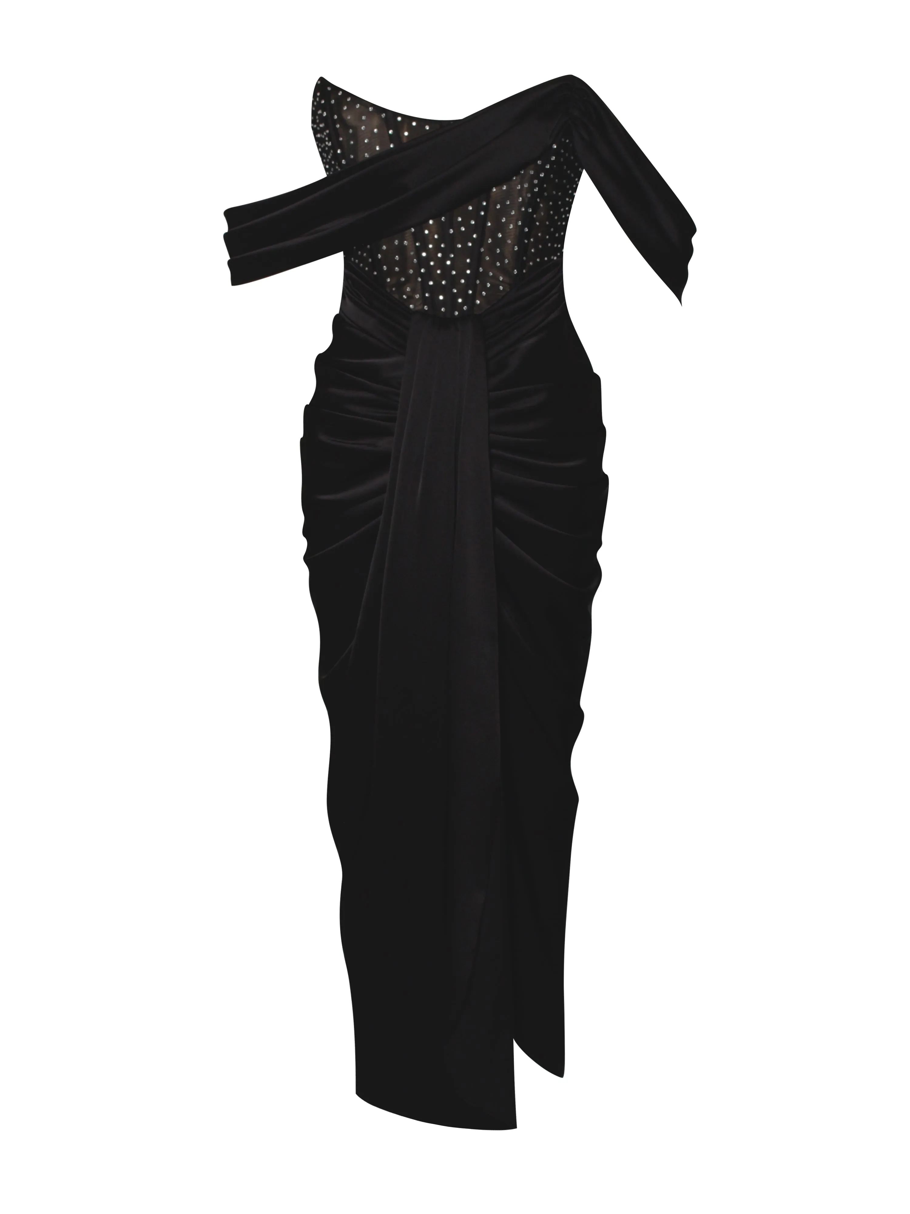 Stella Black Off Shoulder Graceful Crystal Corset Satin Gown