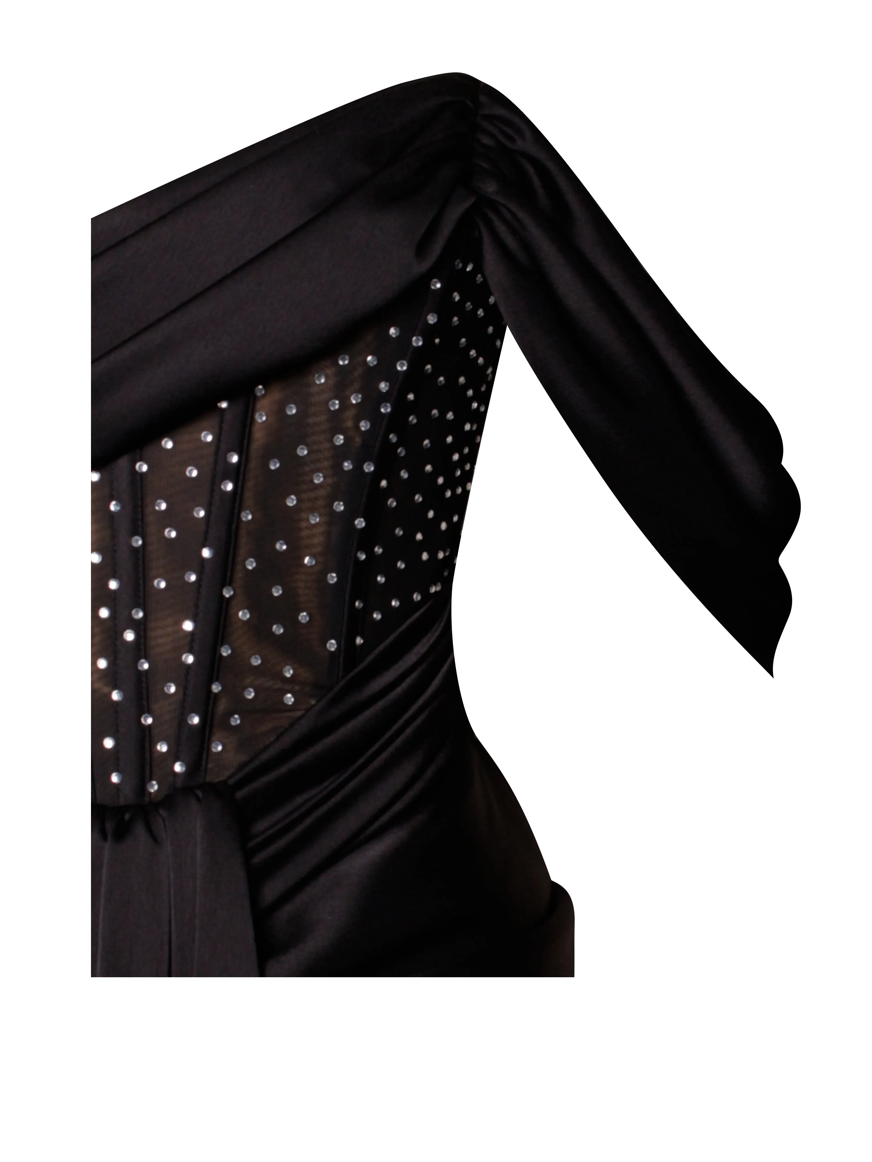 Stella Black Off Shoulder Graceful Crystal Corset Satin Gown