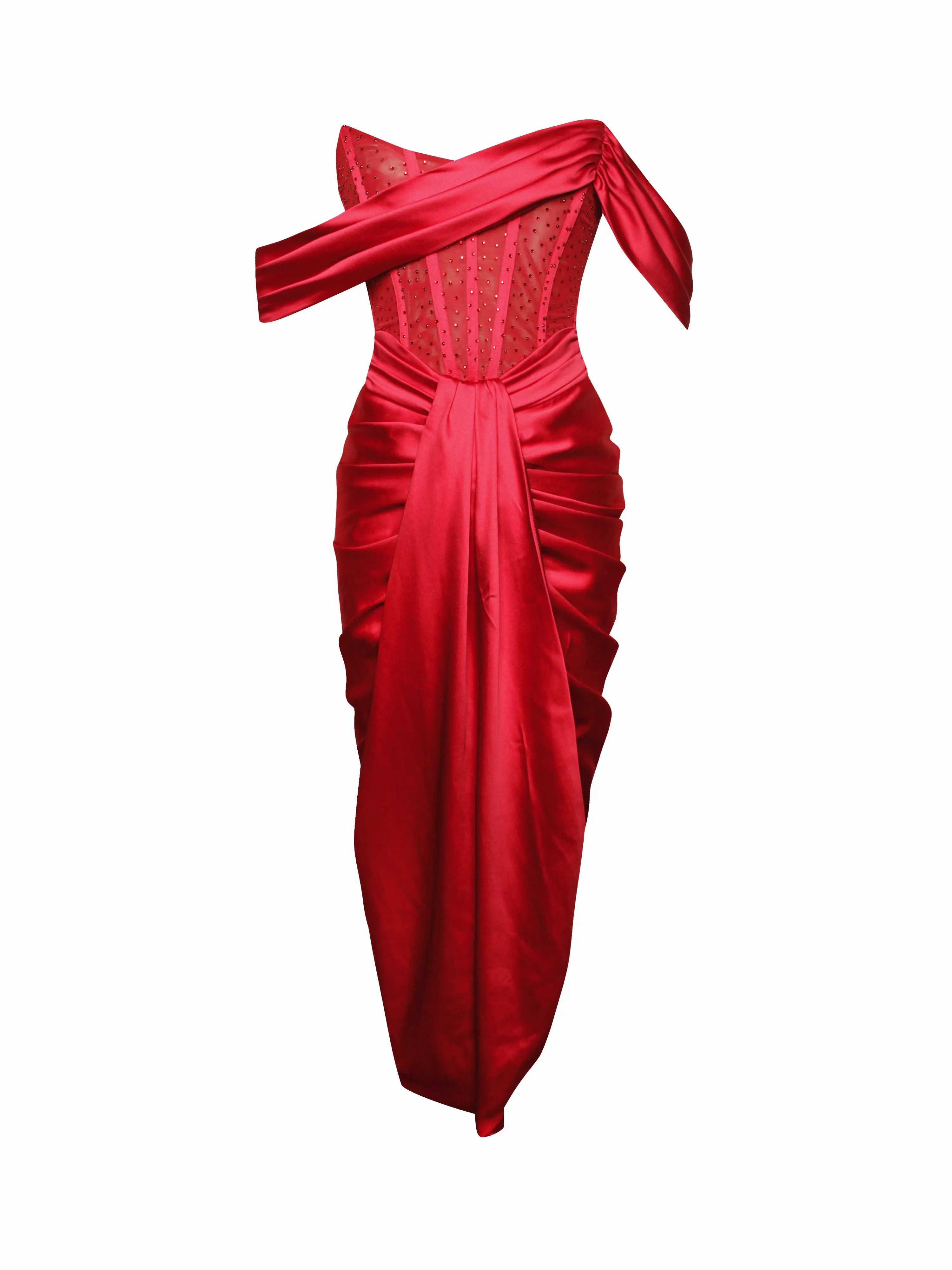 Stella Burgundy Off Shoulder Graceful Crystal Corset Satin Gown