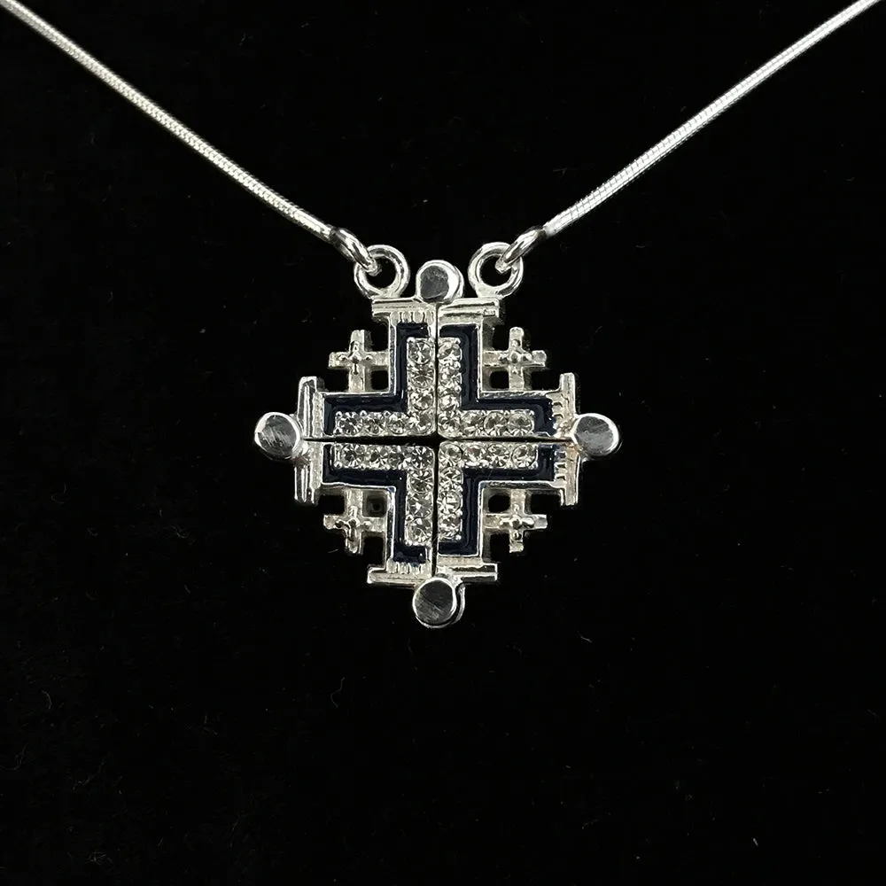 Two-Way Magnetic Jerusalem Cross Necklace (White Gemstones)