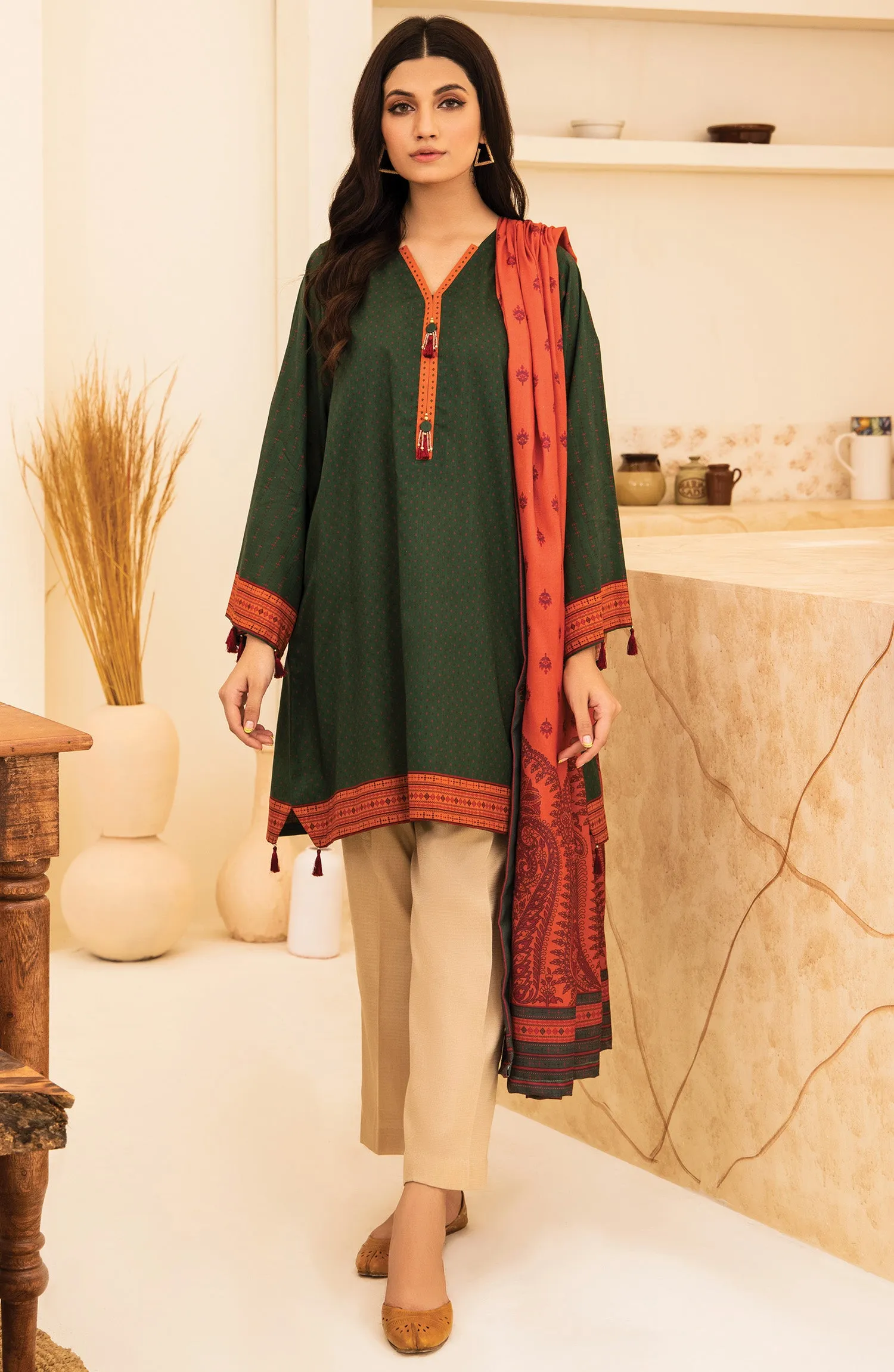 Unstitched 2 Piece Printed Khaddar Shirt and Acrylic Shawl Dupatta (NRDS-346/U GREEN)