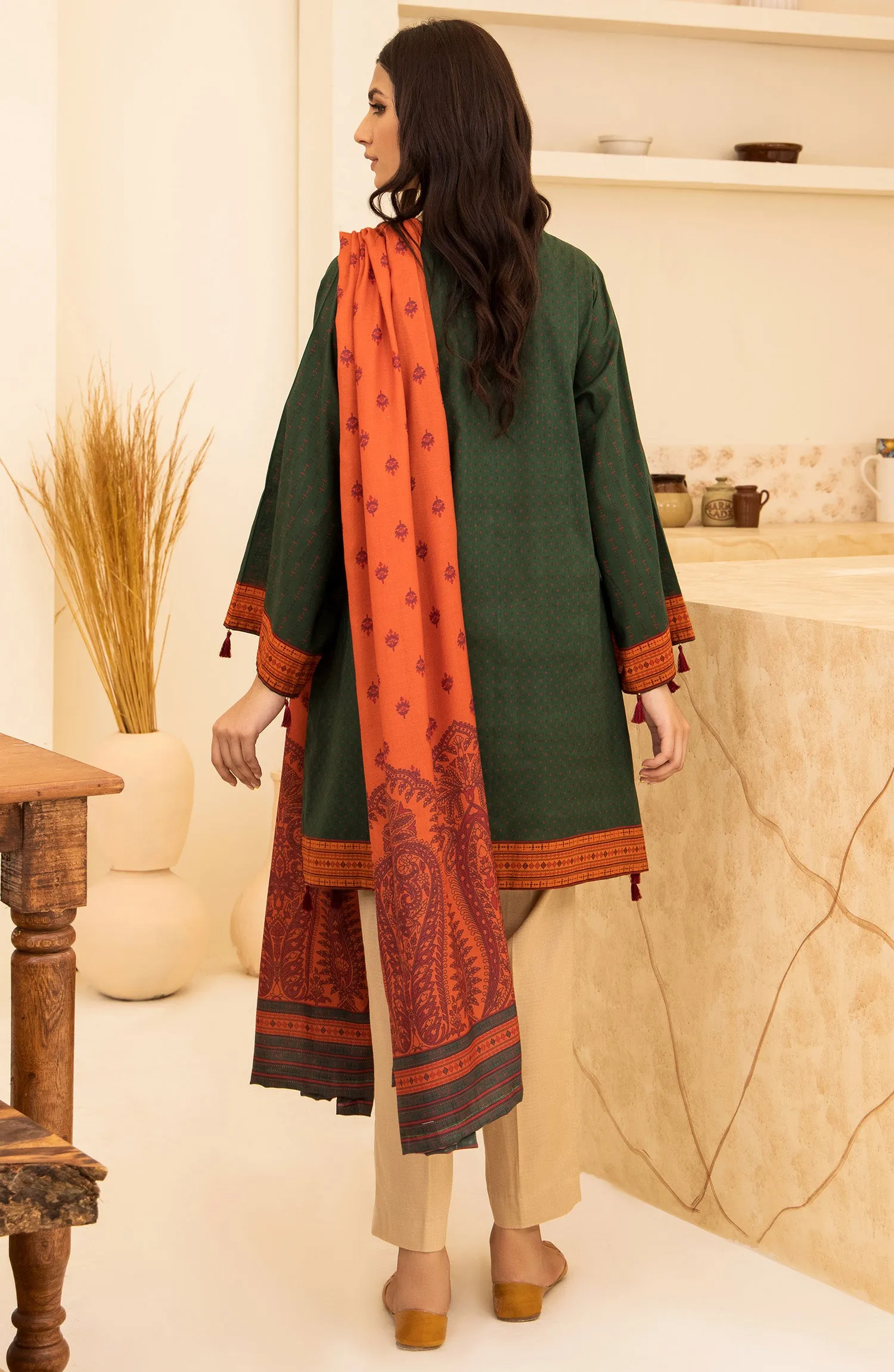 Unstitched 2 Piece Printed Khaddar Shirt and Acrylic Shawl Dupatta (NRDS-346/U GREEN)