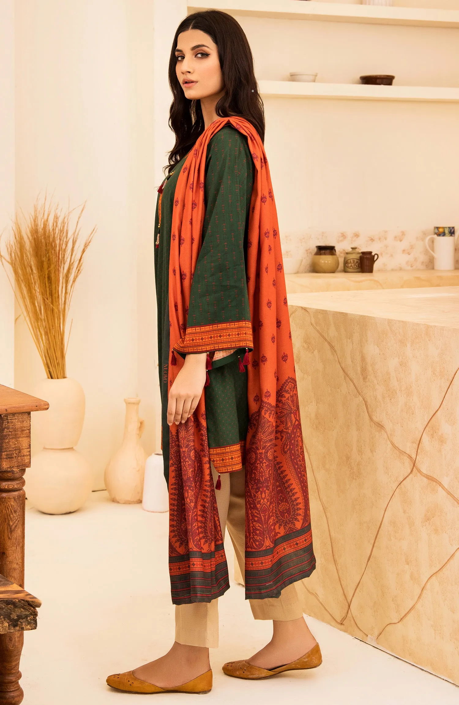 Unstitched 2 Piece Printed Khaddar Shirt and Acrylic Shawl Dupatta (NRDS-346/U GREEN)