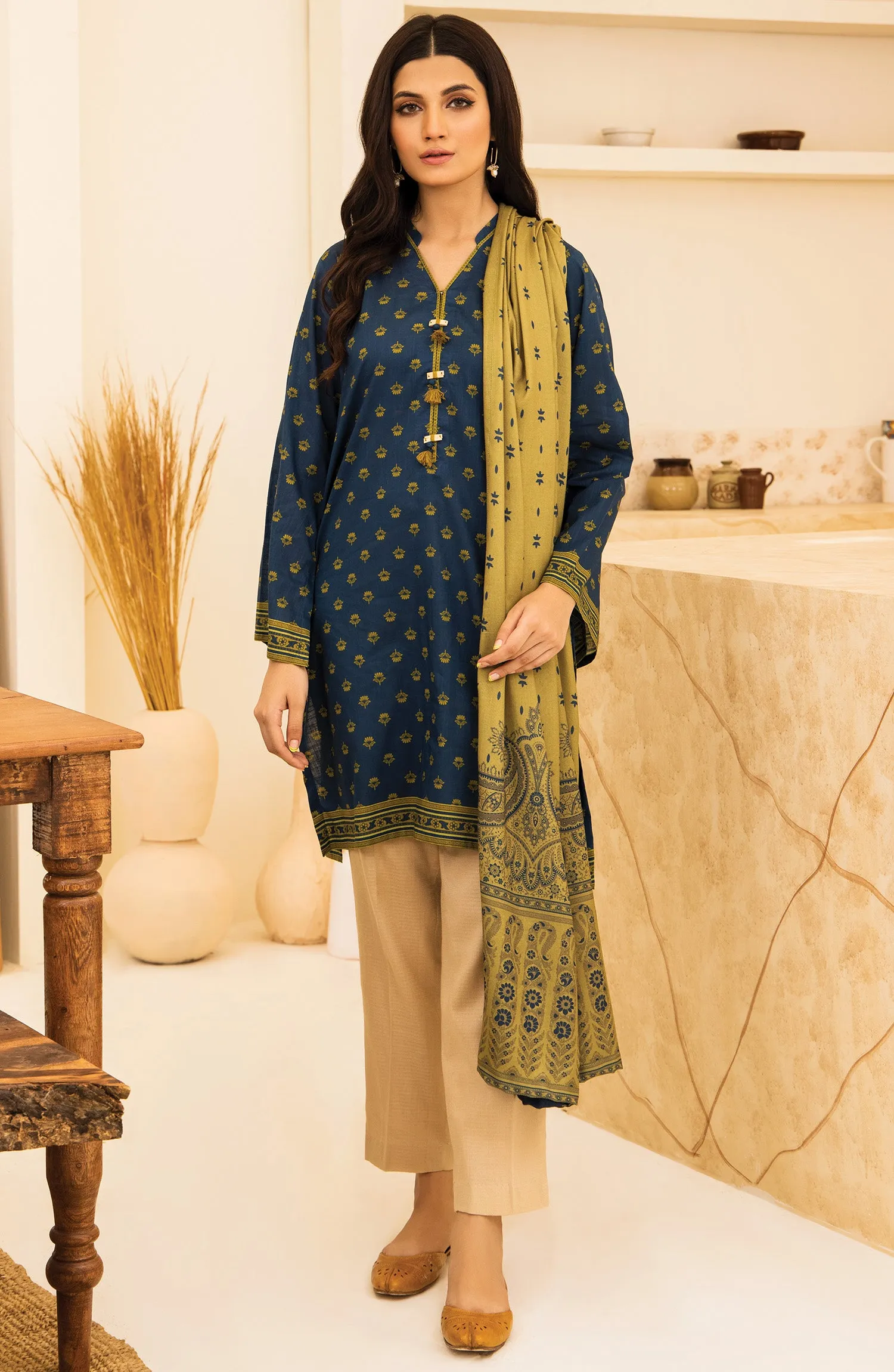Unstitched 2 Piece Printed Khaddar Shirt and Acrylic Shawl Dupatta (NRDS-347/U BLUE)
