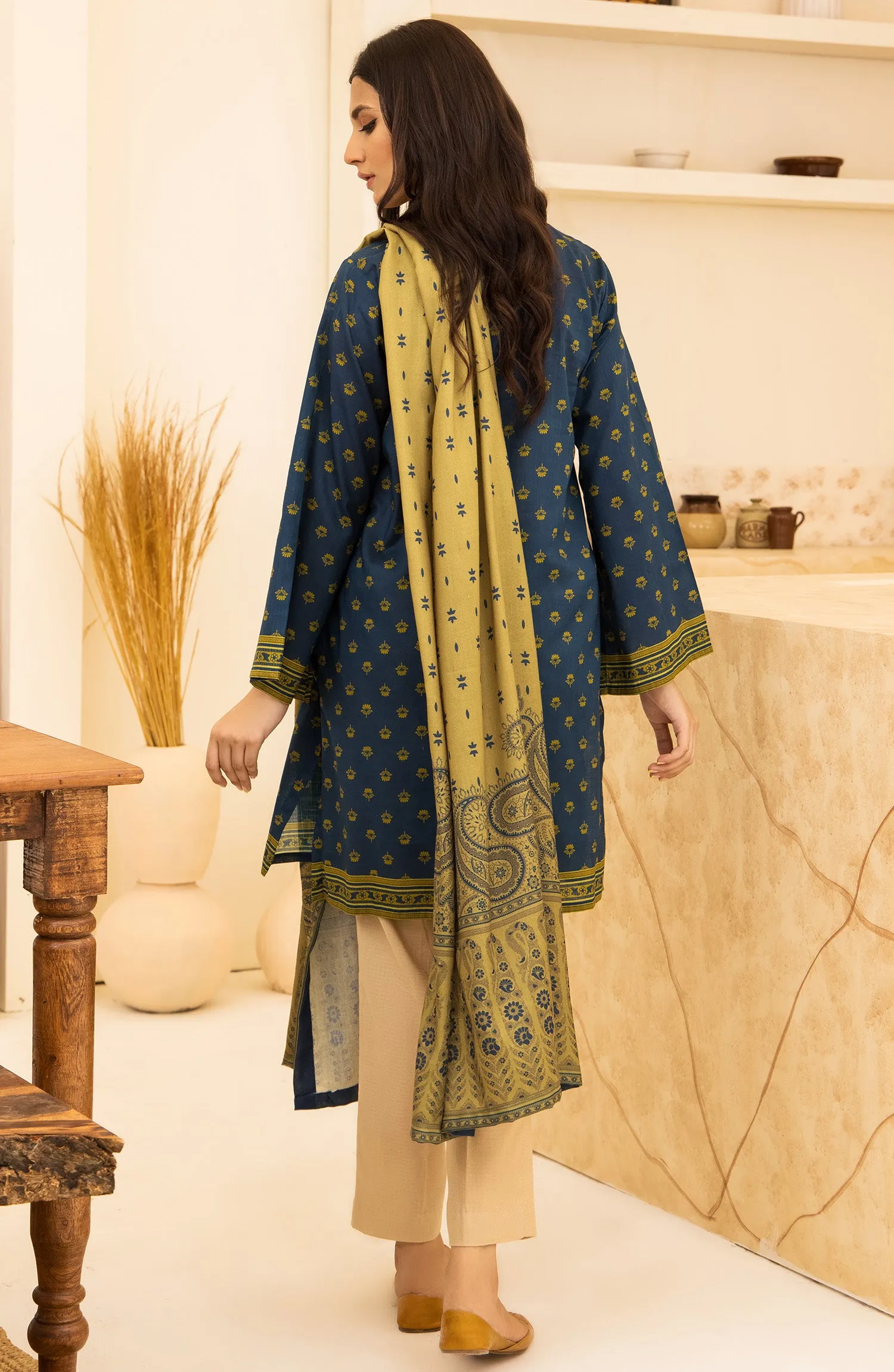 Unstitched 2 Piece Printed Khaddar Shirt and Acrylic Shawl Dupatta (NRDS-347/U BLUE)