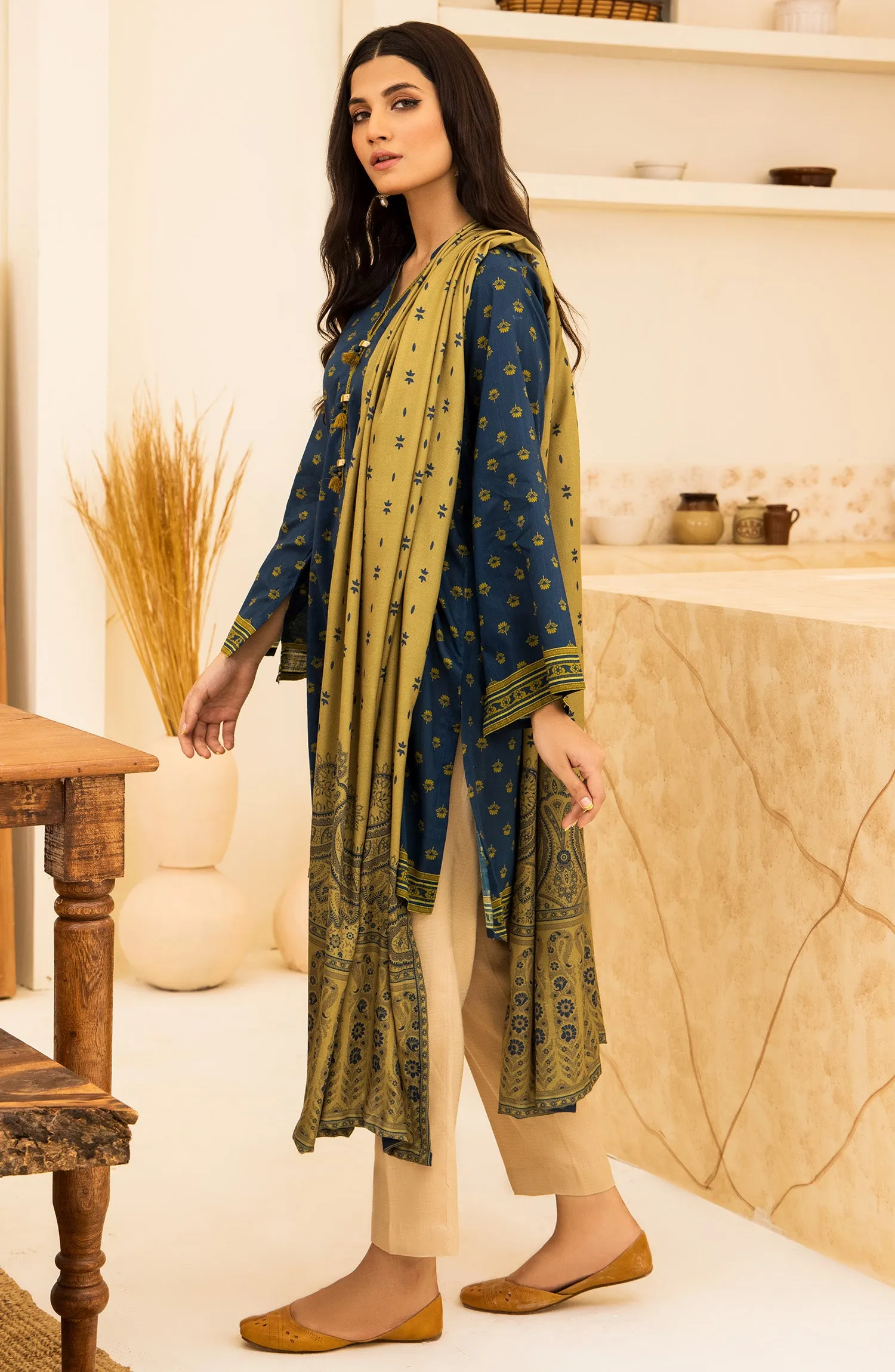 Unstitched 2 Piece Printed Khaddar Shirt and Acrylic Shawl Dupatta (NRDS-347/U BLUE)