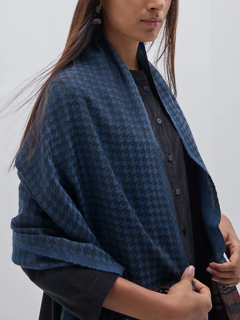 Utsa Blue Houndstooth Patterned Stole