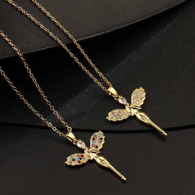 Wholesale Copper Colorful Zircon Angel Girl Necklace